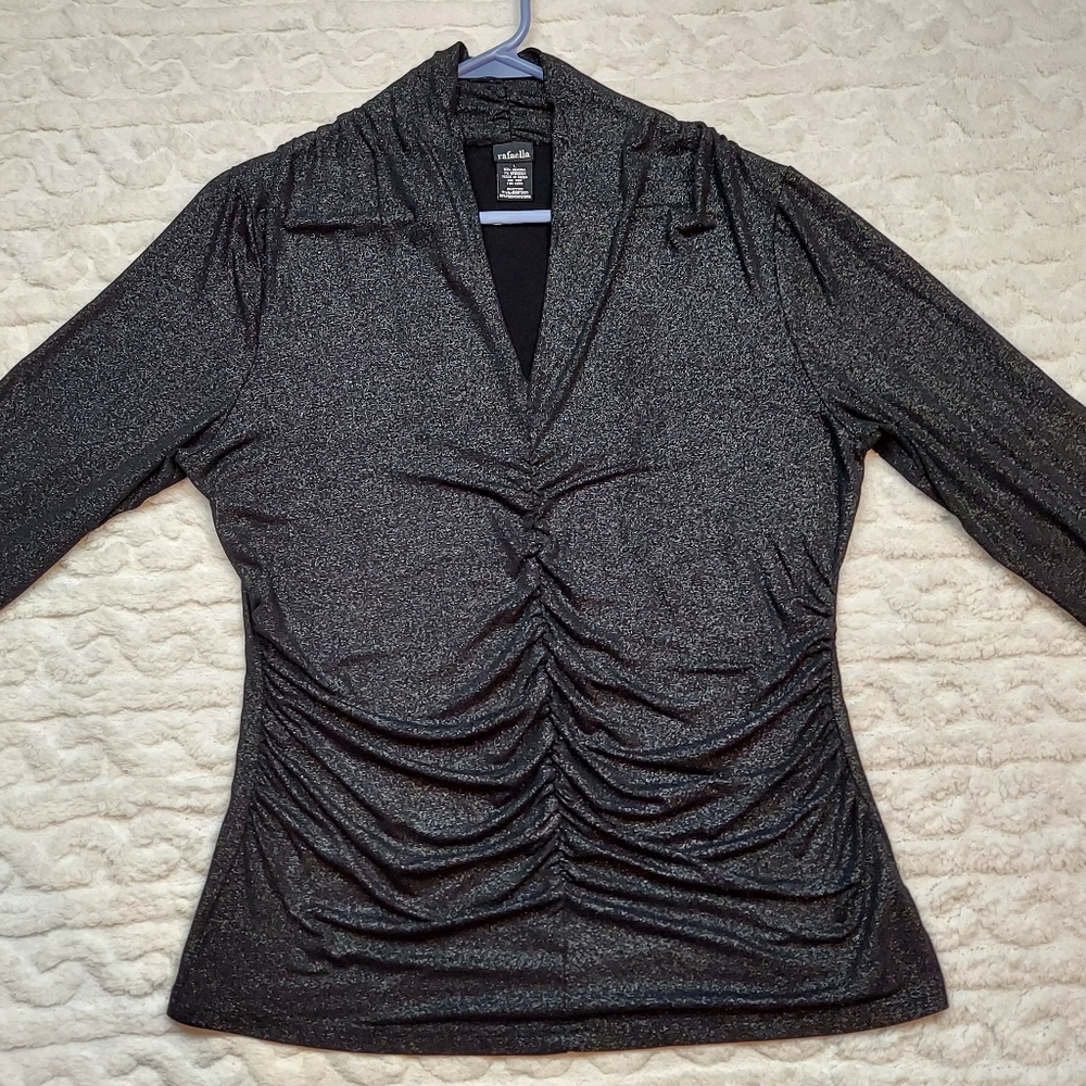 Rafaella Black Silver Sparkle Ruched 3/4 Sleeve Stretch Blouse Size L - Picture 6 of 9